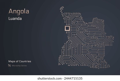 Angola Map with a capital of Luanda Shown in a Microchip Pattern with processor. E-government. World Countries vector maps. Microchip Series	