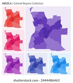 Angola map collection. Country shape with colored regions. Deep Purple, Red, Pink, Purple, Indigo, Blue color palettes. Border of Angola with provinces for your infographic. Vector illustration.