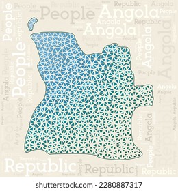 ANGOLA map design. Country names in different languages and map shape with geometric low poly triangles. Vibrant vector illustration of Angola.