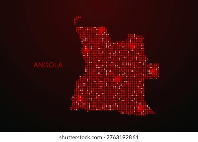 Angola Map - Digital dotted map with glowing red points on dark background, modern technology style, abstract data network design, clean minimal vector illustration.