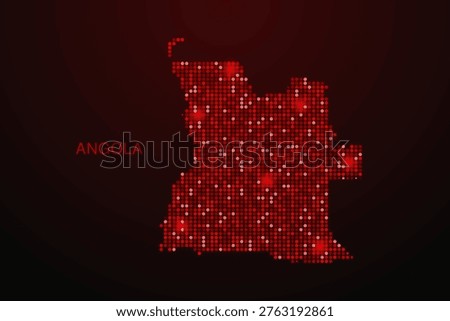 Angola Map - Digital dotted map with glowing red points on dark background, modern technology style, abstract data network design, clean minimal vector illustration.