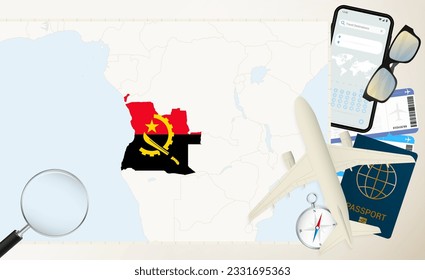 Angola map and flag, cargo plane on the detailed map of Angola with flag, passport, magnifying glass and airplane. Vector template.