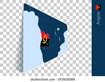 Angola map and flag on transparent background. Highlighted Angola on blue vector map.