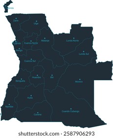 Angola map high detailed with administrative divide by state, capital cities names, outline simplicity style. Vector illustration EPS10.