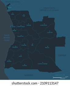 Angola map. High detailed map of Angola with countries, borders, cities, water objects. Vector illustration eps10