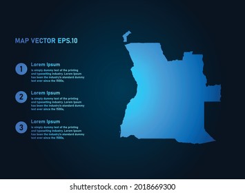 Angola map, infographic style , on dark background with Map World. Wire frame 3D mesh , map 3D,