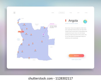 Angola map infographics vector template with cities, capital Luanda and pointer marks.