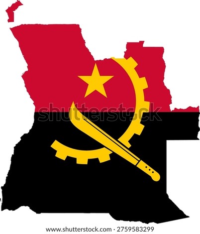 Angola Map with National Flag Design and Accurate Geographic Contours. Professional vector silhouette featuring the red and black horizontal bands with the golden emblem (gear, machete, and star). Ideal for African economic reports, oil industry infographics, and geography education. Clean 2D minimalist graphic