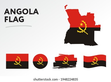 Angola Map On Angola Flag Vector. Circle Icon. Brush Stroke. Template For Independence Day. A Set Of Flags. 