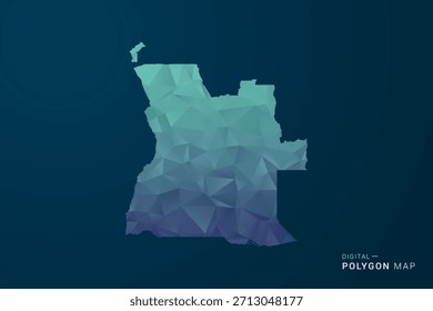 Mapa de Angola - Ilustración vectorial de estilo polígono con degradado azul azulado, diseño geométrico de bajo poli, inspirado en la Tecnología y digital, silueta limpia sobre fondo oscuro.