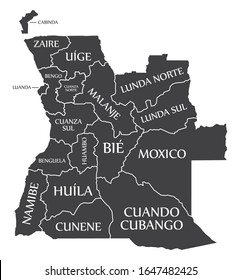 Angola map with provinces and labels black