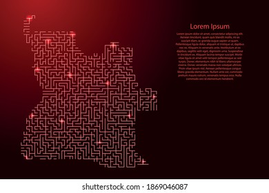 Angola map from red pattern of the maze grid and glowing space stars grid. Vector illustration.