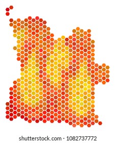 Angola map. Vector hex tile territorial plan in flame color variations. Abstract Angola map collage is constructed with flame honeycomb blots.