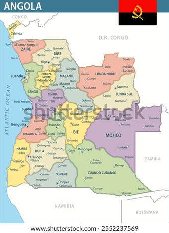 Angola Map Vector New 2024 Colorful - Customizable layered political map of Angola with administrative divisions for website, education, reports, news, politics, print, poster and wallpaper

