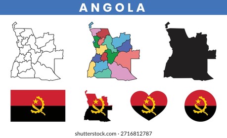 Vetor mapa de Angola com províncias e conjunto de bandeira nacional