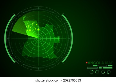 Mapa de Angola - Mapa Mundial de la plantilla vectorial internacional con el estilo de radar de círculo futurista HUD, GUI, interfaz de interfaz de usuario aislada en fondo verde oscuro - Ilustración vectorial eps 10