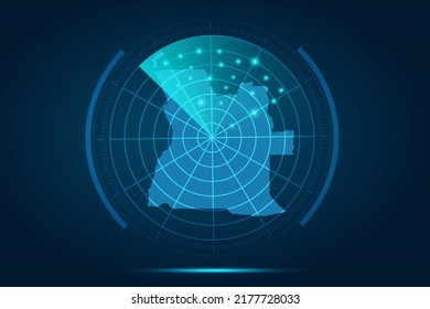 Mapa de Angola - Mapa Mundial de la plantilla vectorial internacional con el estilo de radar de círculo futurista HUD, GUI, interfaz de interfaz de usuario aislado en fondo azul para diseño, infografía - Ilustración vectorial eps 10