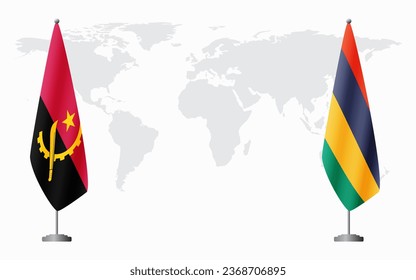 Angola and Mauritius flags for official meeting against background of world map.