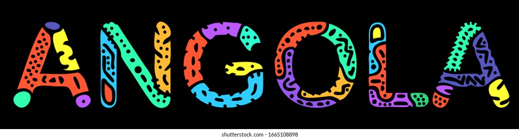 Angola. Multicolored bright contrast isolate inscription. Colored curves doodle letters. Angola for prints on clothing, t-shirts, souvenir, booklet, banner, flyer, cards, satchels. Stock picture.