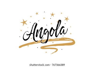 Angola. Name country word text card, banner script. Beautiful typography inscription greeting calligraphy poster black, gold ribbon, star. Handwritten design modern brush lettering isolated vector