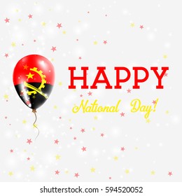 Angola National Day patriotic poster. Flying Rubber Balloon in Colors of the Angolan Flag. Angola National Day background with Balloon, Confetti, Stars, Bokeh and Sparkles.