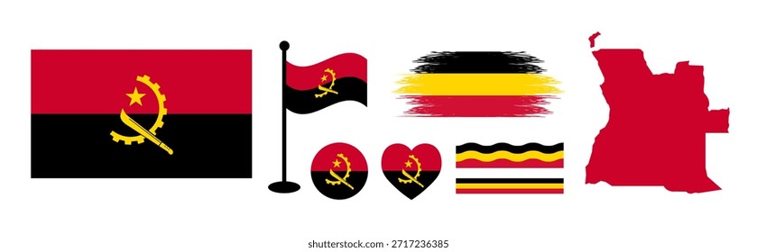 Angola National Flag Design Elements Collection Set. Dazu gehören die offizielle Flagge Angolas, die Silhouette der Landkarte, die wehende Flagge, die Herz- und Kreissymbole und die künstlerischen Pinselstriche.