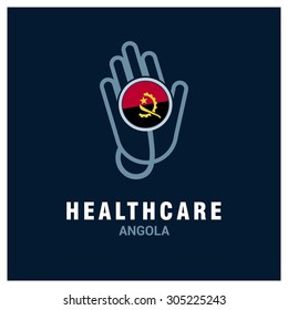 Angola National flag on stethoscope - Health care logo - Medical Logo - specialist doctors in Country - Hospital Clinic Logo - Helping Hand Logo - Charity Help Vector illustration