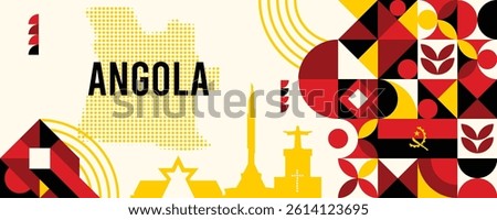 Angola national vector banner featuring the flag, dotted map, landmarks, and geometric pattern design
