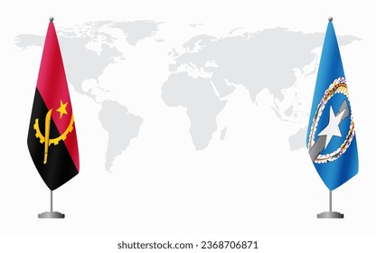 Angola and Northern Mariana Islands flags for official meeting against background of world map.