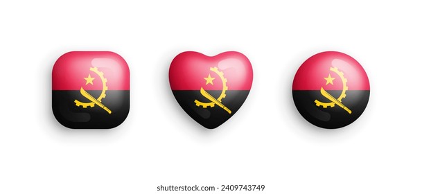 Angola Official National Flag 3D Vector Glossy Icons In Rounded Square, Heart And Circle Form Isolated On White Back. Angolan Sign And Symbols Graphic Design Elements Volumetric Buttons Collection