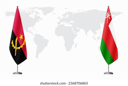 Angola and Oman flags for official meeting against background of world map.