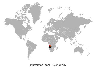 Angola on detailed world map. With overlay Angola flag. The location of the country of Angola on the world map.