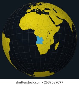 Angola on Globe. Country view on the world map in Charcoal Bright Yellow color palette. Angola shape on map. Globe with meridians, parallels, countries, rivers and lakes. Elegant vector illustration.