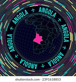 Angola on globe. Satellite view of the world centered on Angola. Bright neon style. Futuristic radial bricks background. Classy vector illustration.