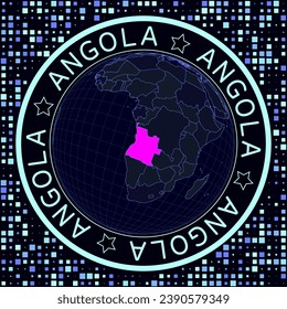 Angola on globe vector. Futuristic satelite view of the world centered to Angola. Geographical illustration with shape of country and squares background. Bright neon colors on dark background.