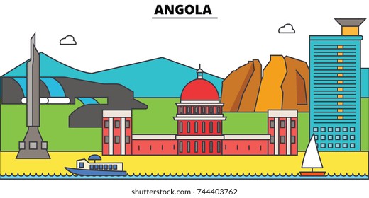 Angola  Outline City Skyline, Linear Illustration, Banner, Travel Landmark, Buildings Silhouette,vector