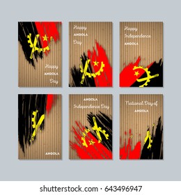 Angola Patriotic Cards for National Day. Expressive Brush Stroke in National Flag Colors on kraft paper background. Angola Patriotic Vector Greeting Card.