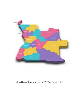 Angola political map of administrative divisions - provinces. Colorful 3D vector map with dropped shadow and country name labels.