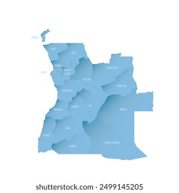 Angola political map of administrative divisions - provinces. Shaded vector map with 3D-like blue gradient and name labels
