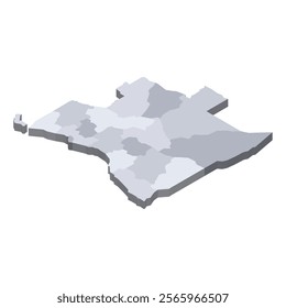 Angola political map of administrative divisions - provinces. 3D isometric blank vector map in shades of grey.