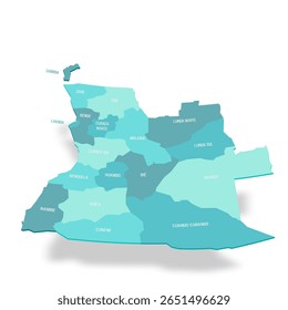 Mapa político de Angola das divisões administrativas - províncias. Mapa de vetor turquesa 3D com rótulos de nome.