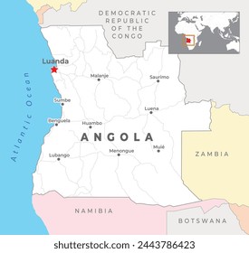 Angola Political Map with capital Luanda, most important cities with national borders