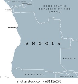 Angola political map with capital Luanda and exclave Cabinda. Republic and country in Southern Africa on the Atlantic Ocean. Gray illustration isolated on white background. English labeling. Vector.