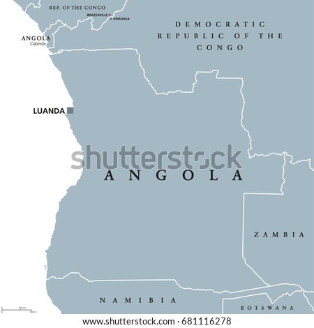 Angola political map with capital Luanda and exclave Cabinda. Republic and country in Southern Africa on the Atlantic Ocean. Gray illustration isolated on white background. English labeling. Vector.