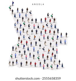 Angola population map. Large group of realistic a diverse crowd of people figures in a shape of Angolan map. Flat vector illustration isolated on white.