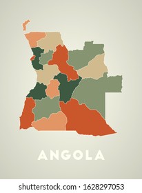Angola poster in retro style. Map of the country with regions in autumn color palette. Shape of Angola with country name. Beautiful vector illustration.