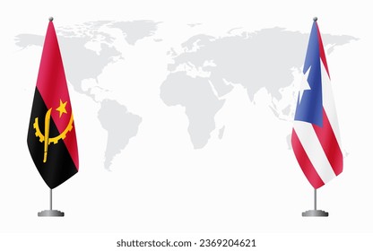 Angola and Puerto Rico flags for official meeting against background of world map.