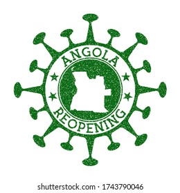Angola Reopening Stamp. Green round badge of country with map of Angola. Country opening after lockdown. Vector illustration.