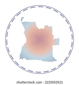 Angola round logo. Digital style shape of Angola in dotted circle with country name. Tech icon of the country with gradiented dots. Beautiful vector illustration.