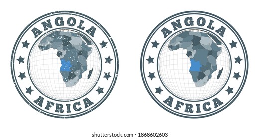 Angola um Logos herum. Rundschreiben des Landes mit Karte von Angola im Weltkontext. Kleine und strukturierte Länderstempel. Vektorgrafik.